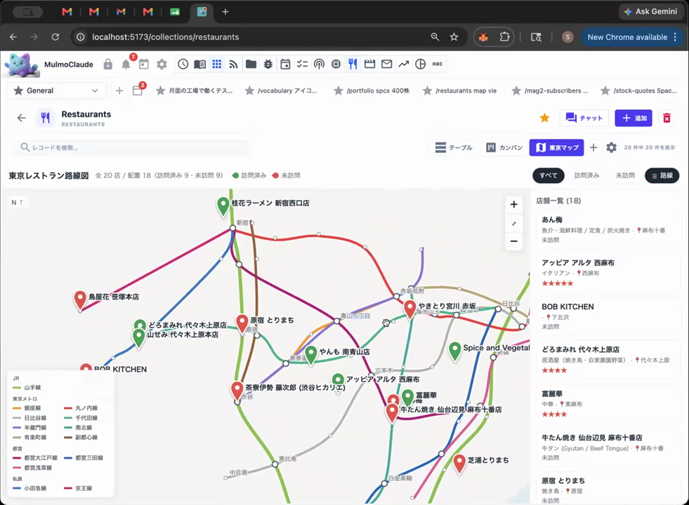 レストランを東京の地下鉄路線図風マップで表示したビュー