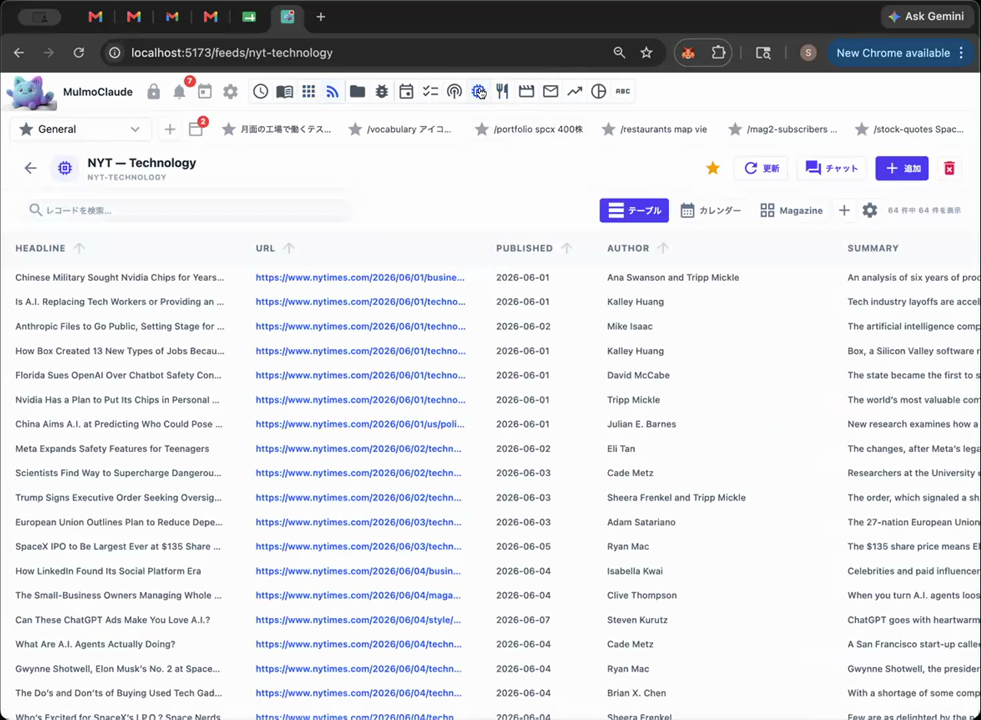 ニューヨーク・タイムズの RSS フィードをテーブルで取り込んだ画面