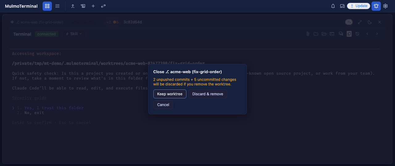 閉じる確認のダイアログ。「2 unpushed commits + 5 uncommitted changes will be discarded」と出て、ボタンが Keep worktree / Discard & remove / Cancel の3つ